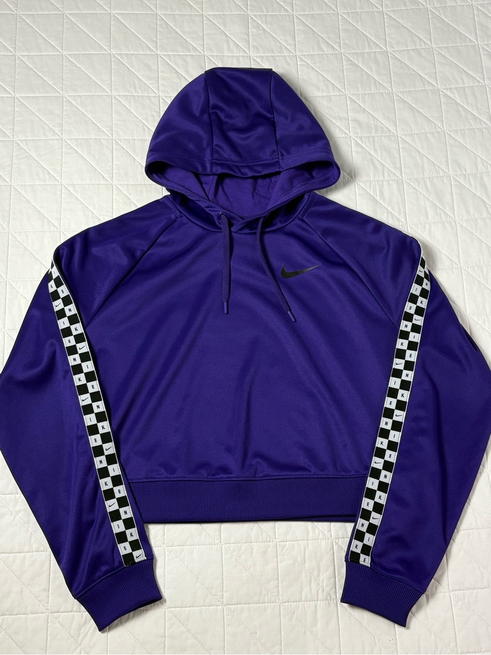 Nike Purple Cropped Pullover Hoodie - Checkered Sleeve Logo Women's Medium